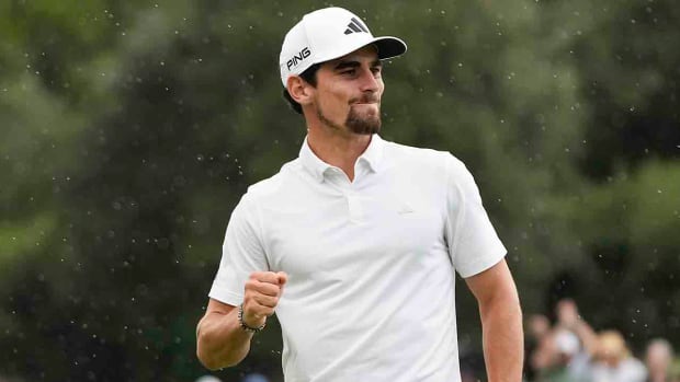 Chile's Joaquin Niemann reacts after winning the Australian Open Golf Championship on the second playoff hole against Japan's Rikuya Hoshino at the Australian Golf Club in Sydney, Australia, Sunday, Dec. 3, 2023.